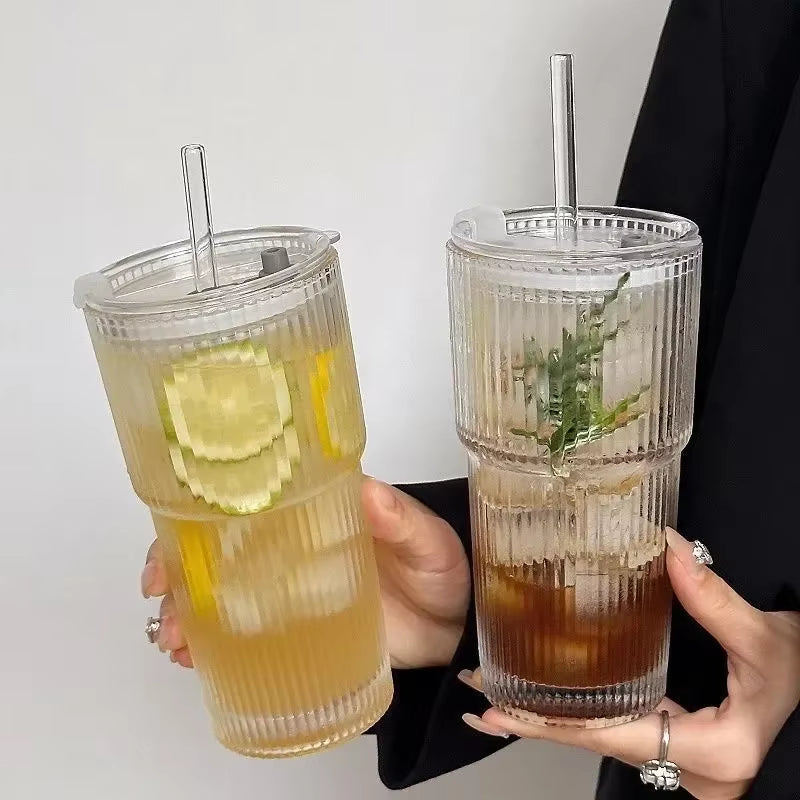 600ML Stripe Glass Coffee Cup with Lid and Straw – Transparent Drinking Glasses for Juice, Milk, Tea Cups, Iced Coffee 