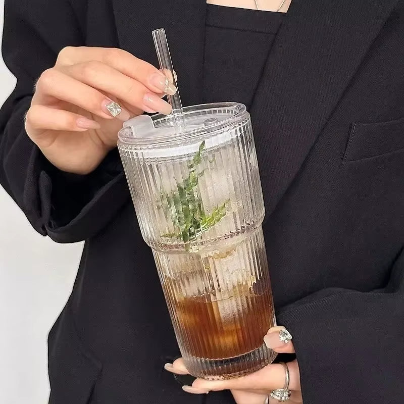 600ML Stripe Glass Coffee Cup with Lid and Straw – Transparent Drinking Glasses for Juice, Milk, Tea Cups, Iced Coffee 