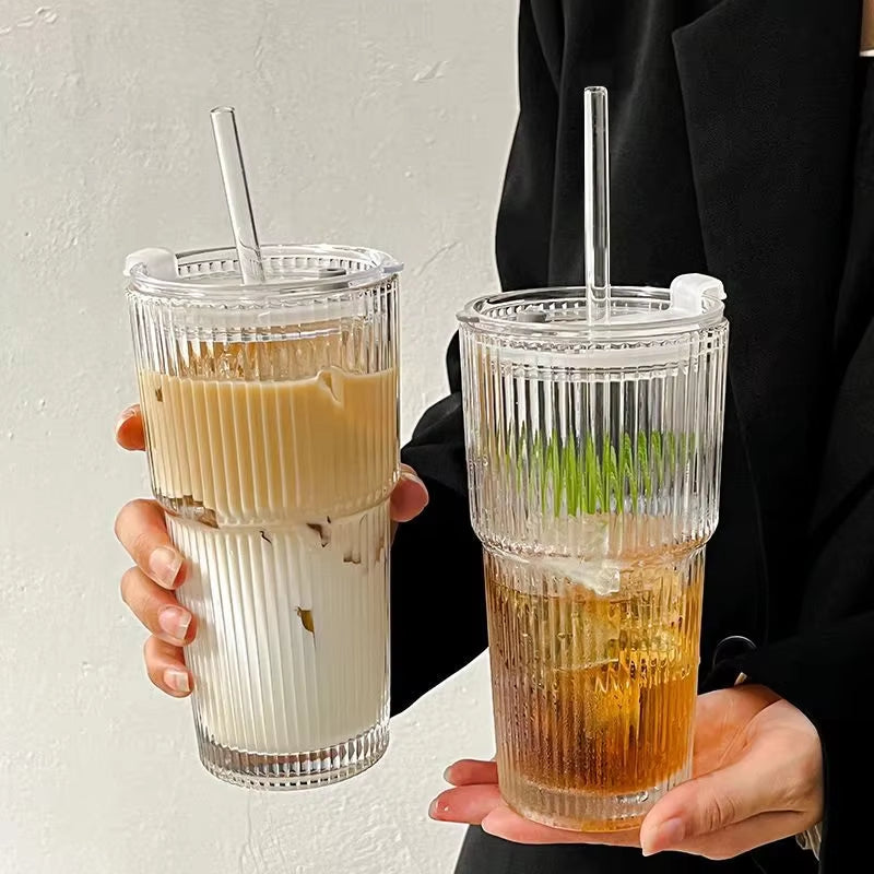 600ML Stripe Glass Coffee Cup with Lid and Straw – Transparent Drinking Glasses for Juice, Milk, Tea Cups, Iced Coffee 