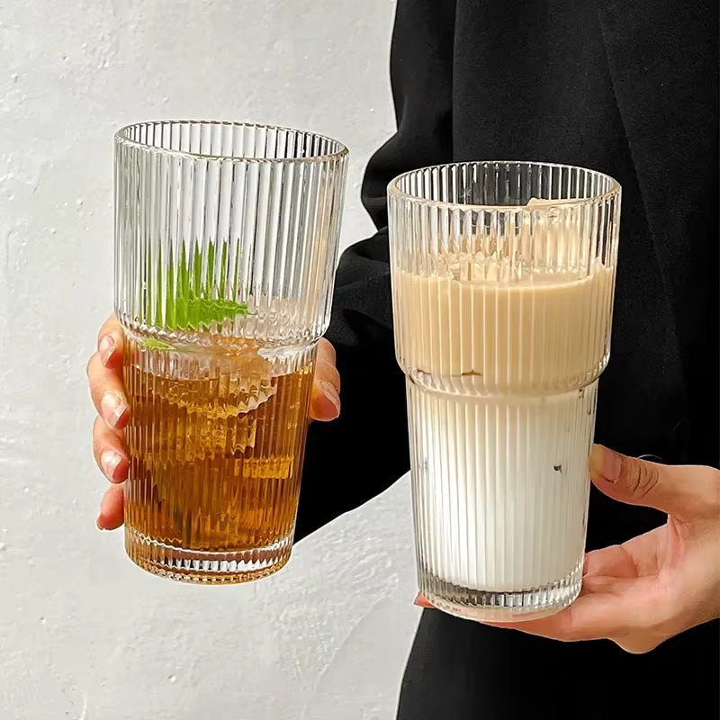 600ML Stripe Glass Coffee Cup with Lid and Straw – Transparent Drinking Glasses for Juice, Milk, Tea Cups, Iced Coffee 