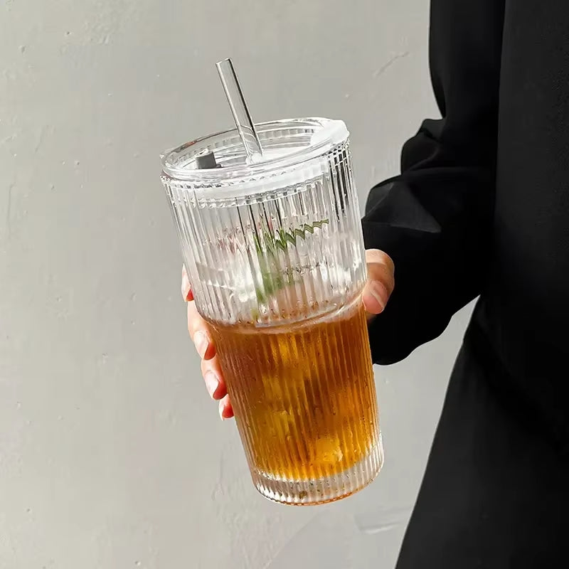 600ML Stripe Glass Coffee Cup with Lid and Straw – Transparent Drinking Glasses for Juice, Milk, Tea Cups, Iced Coffee 